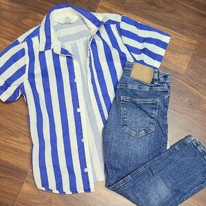 Blue and White Striped Shirt H&M with Denim Jeans Zara